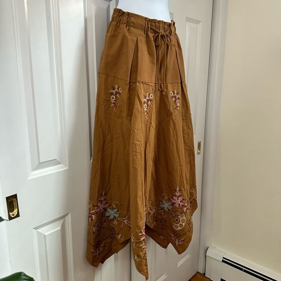 Free People Arielle Maxi Skirt Brown Handkerchief Hem Embroidered